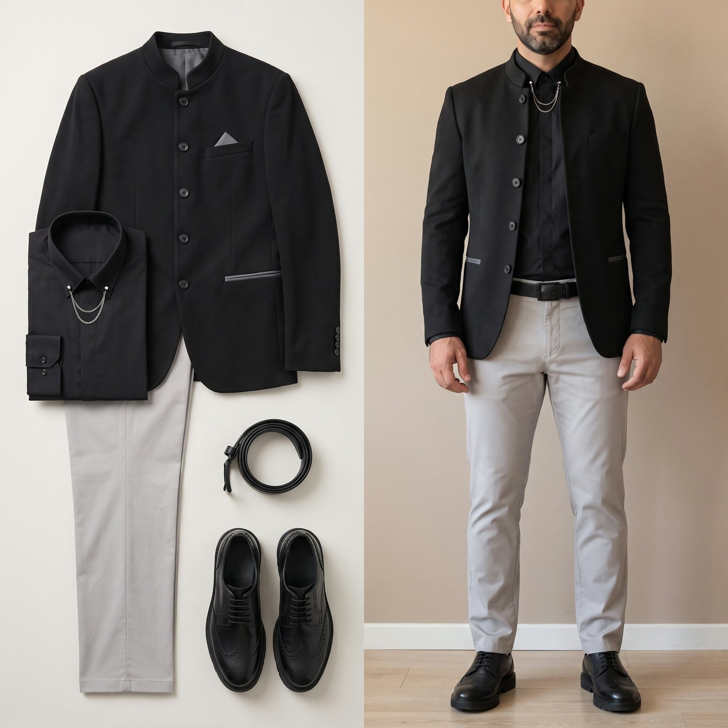 Siyah Dik Yaka Blazer Ceket Kombini Erkek | Slim Fit Şık Komple Set 