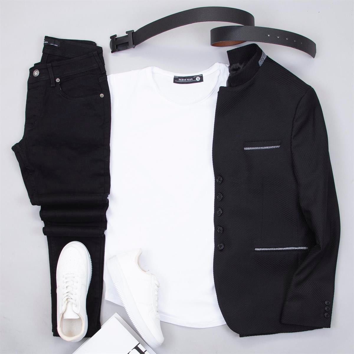 Siyah Dik Yaka Blazer Ceket Tişört Pantolon Ayakkabı Kombin