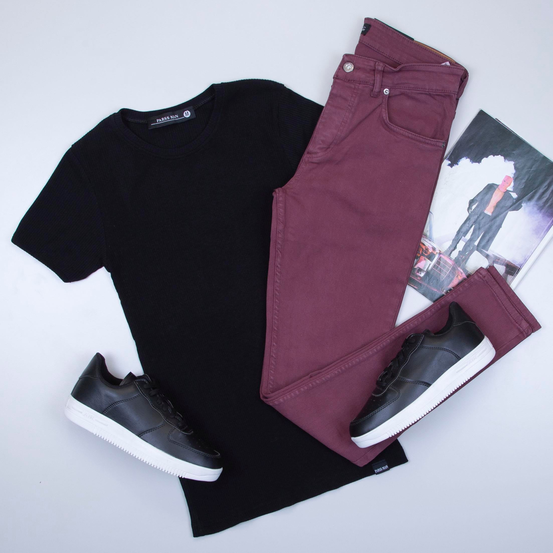 Siyah Fitilli Basic Tişört Pantolon Ayakkabı Kombin