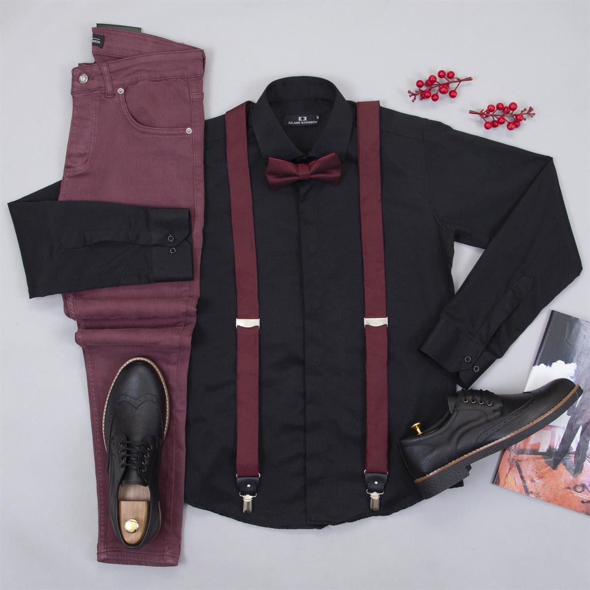 Siyah Gömlek Bordo Pantolon Papyon Askı Ayakkabı Kombin