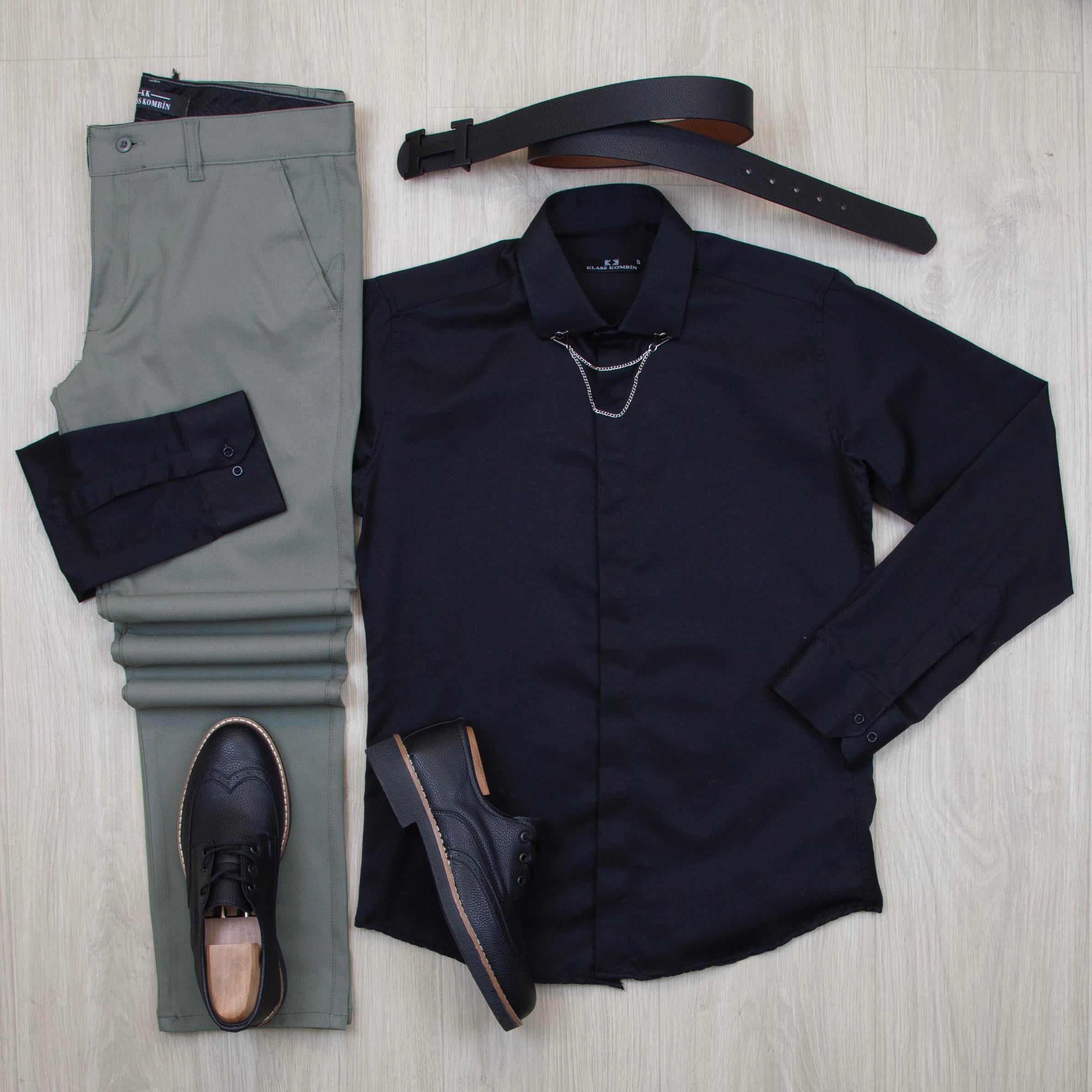 Siyah Gömlek Haki Pantolon Ayakkabı Kombin