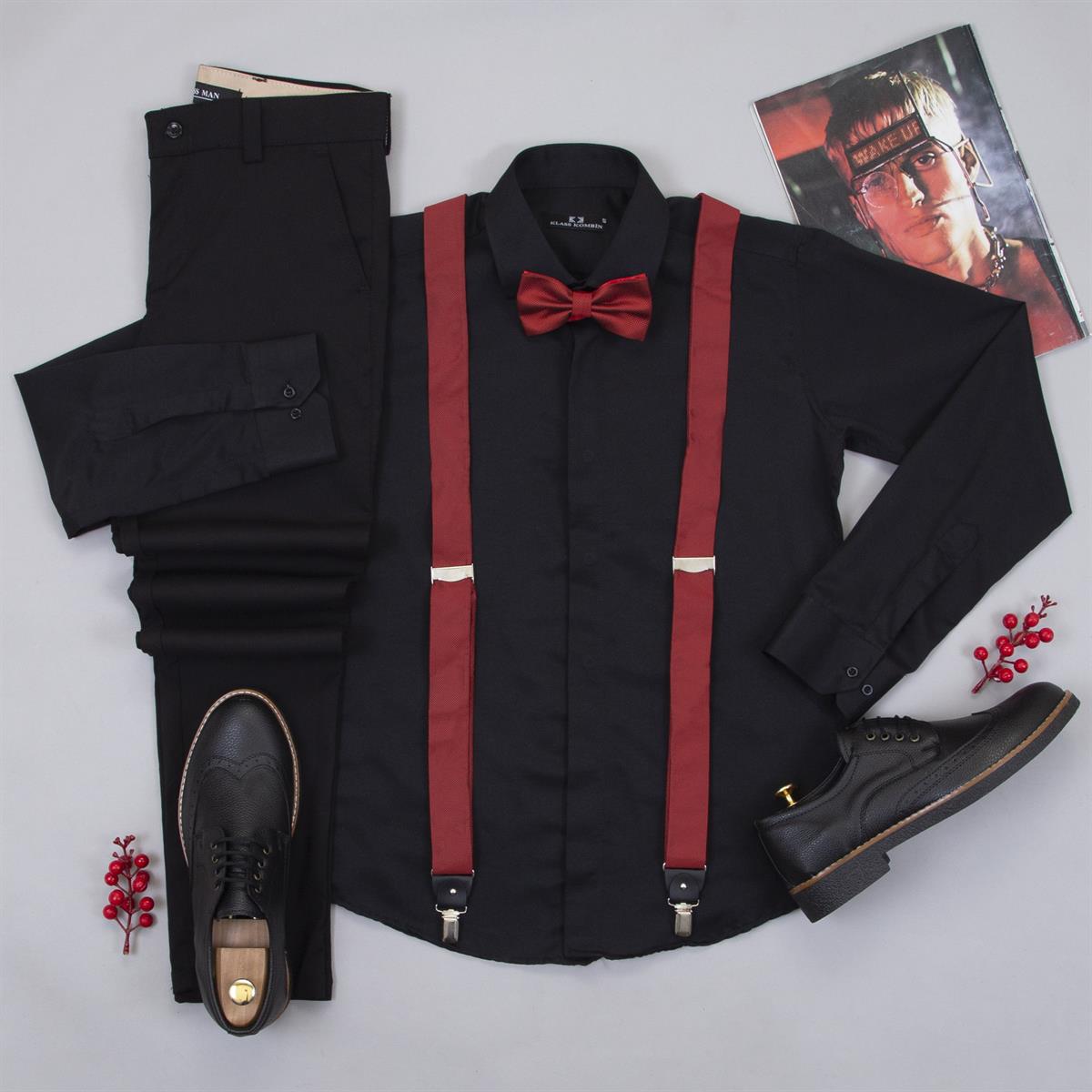 Siyah Gömlek Siyah Pantolon Papyon Askı Ayakkabı Kombin