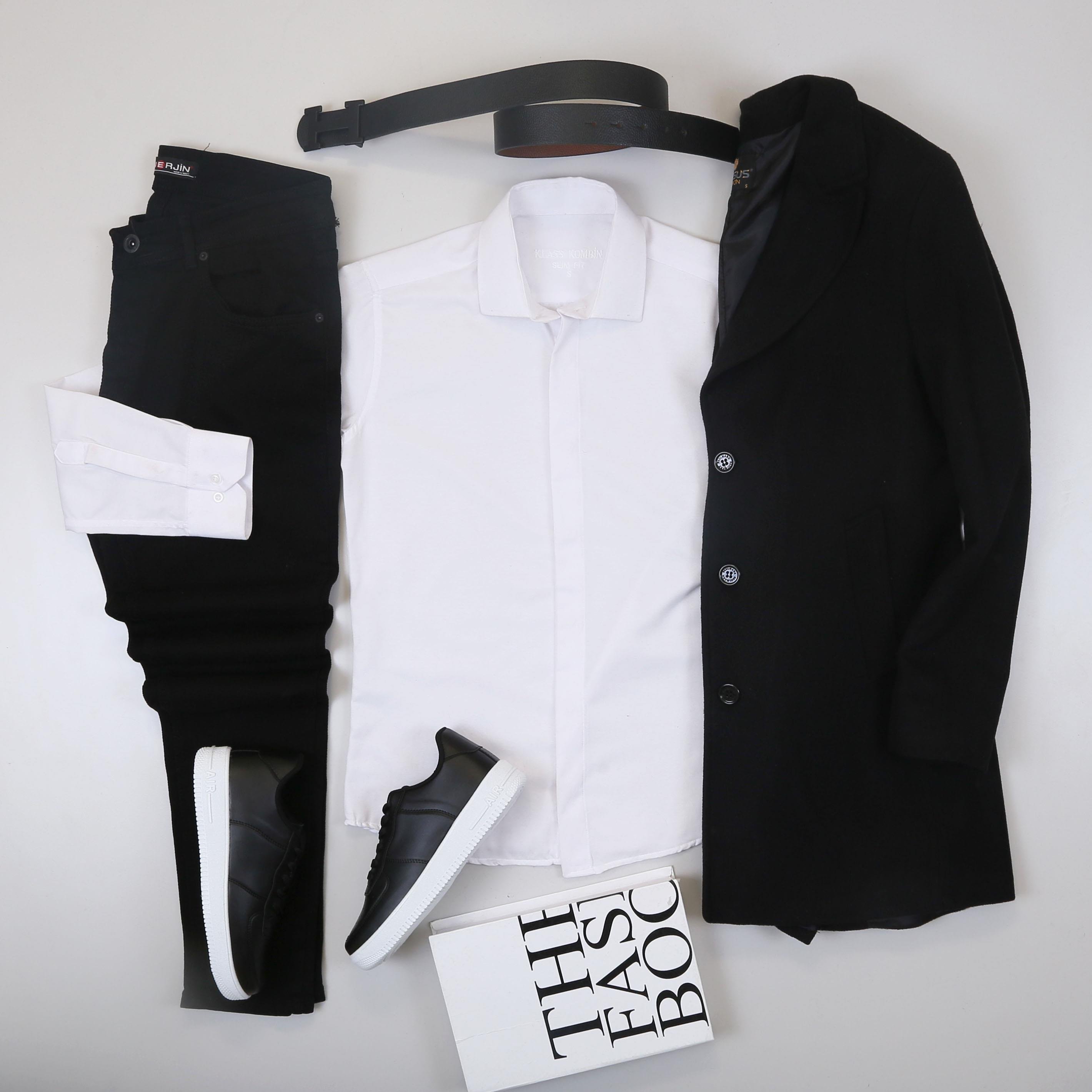 Siyah Kaşe Kaban Gömlek Pantolon Ayakkabı Kombin