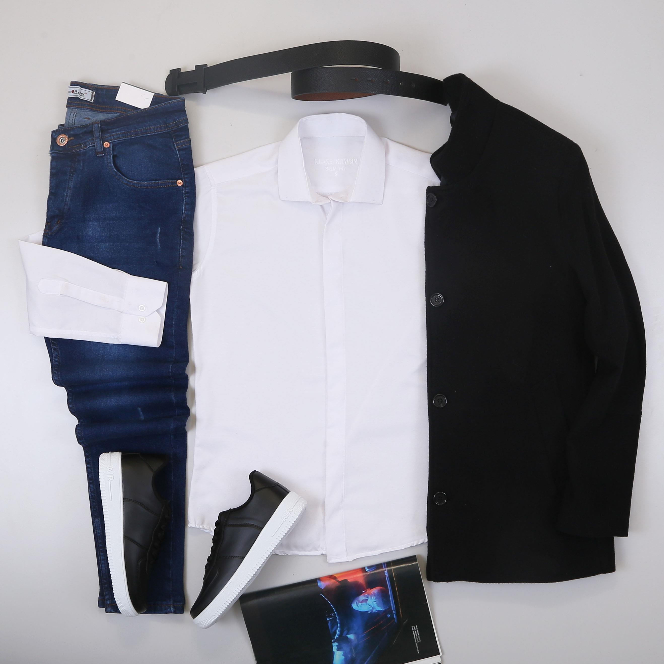 Siyah Kaşe Kaban Gömlek Pantolon Ayakkabı Kombin