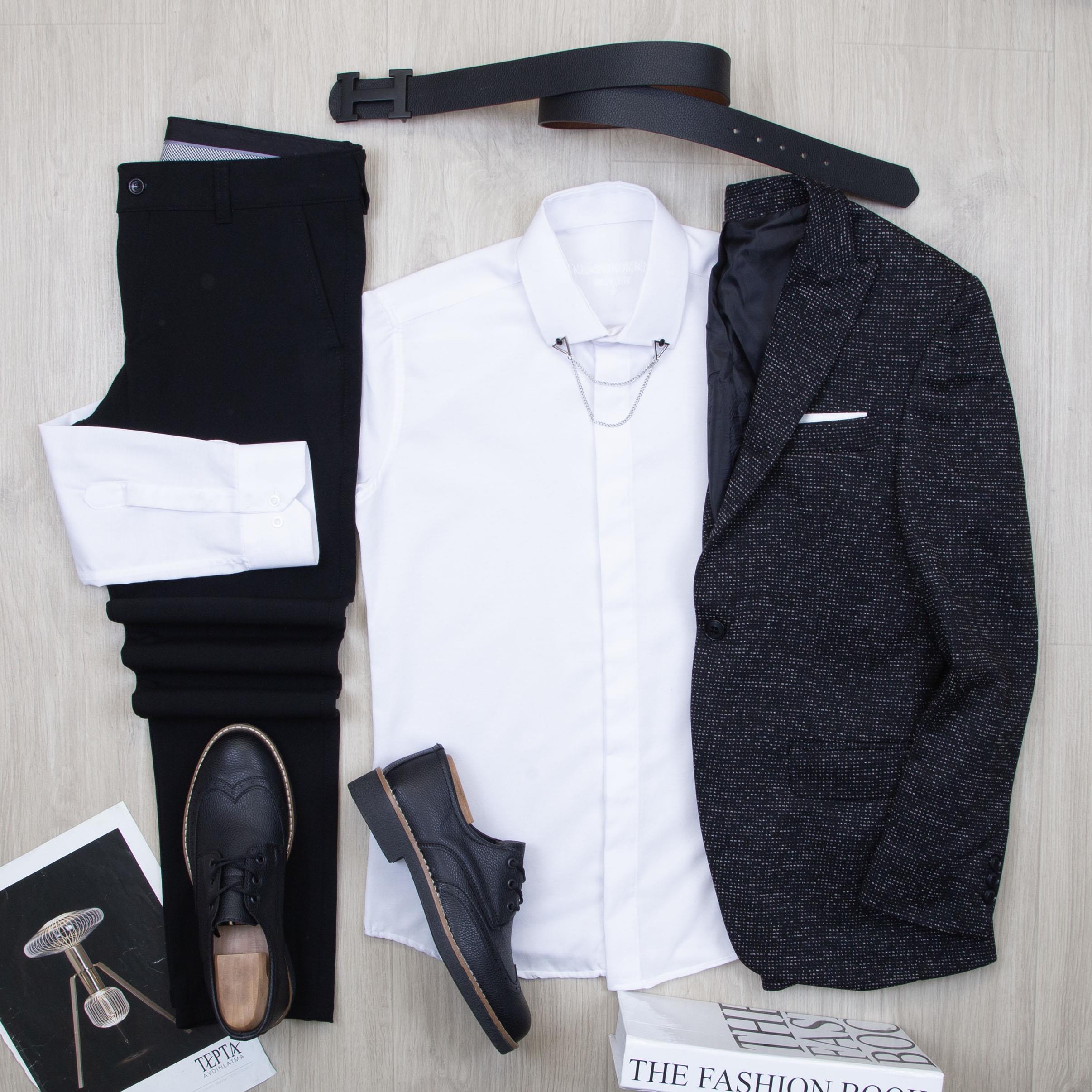 Siyah Kırçıllı Blazer Ceket Gömlek Pantolon Ayakkabı Kombin