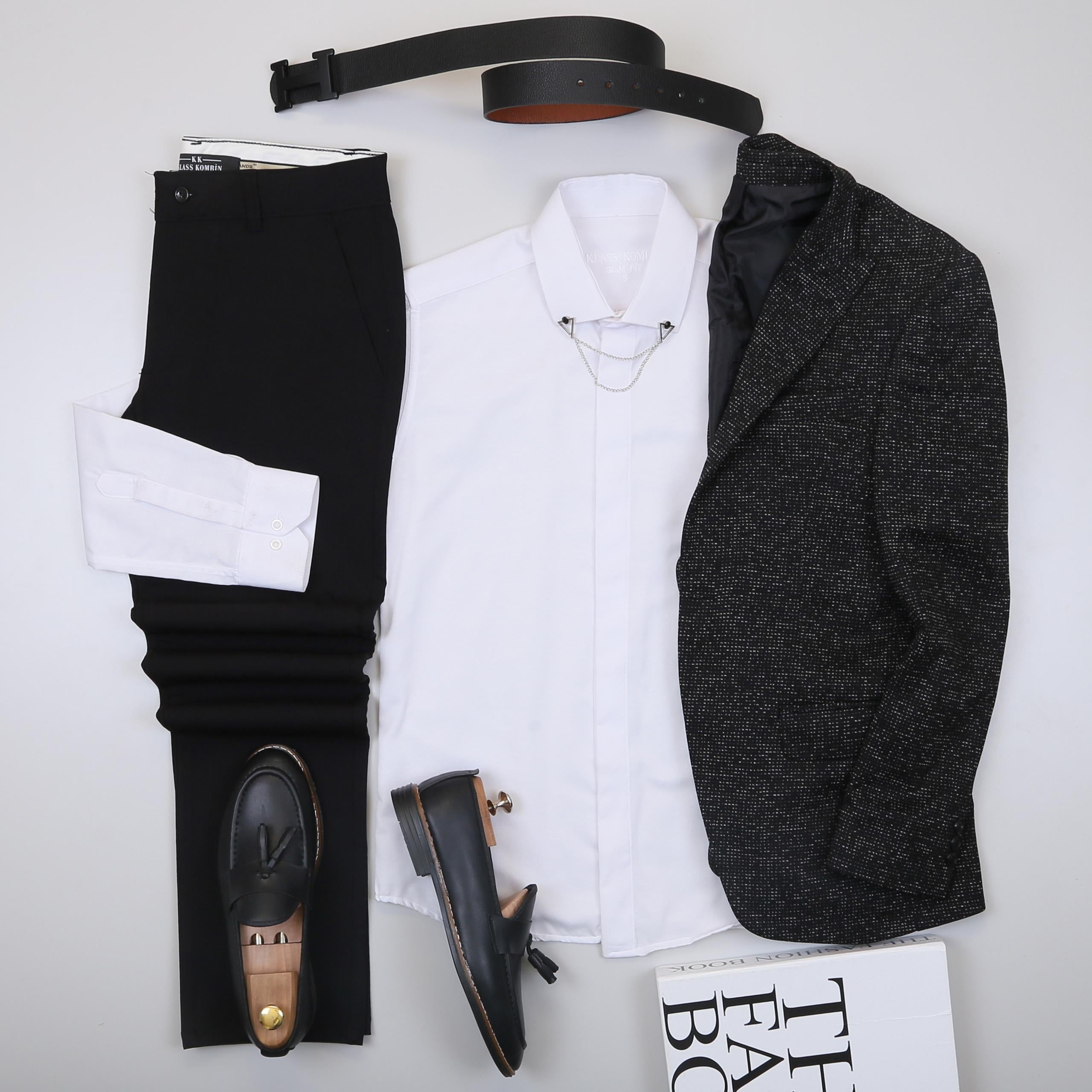 Siyah Kırçıllı  Blazer Ceket Gömlek Pantolon Ayakkabı Kombin