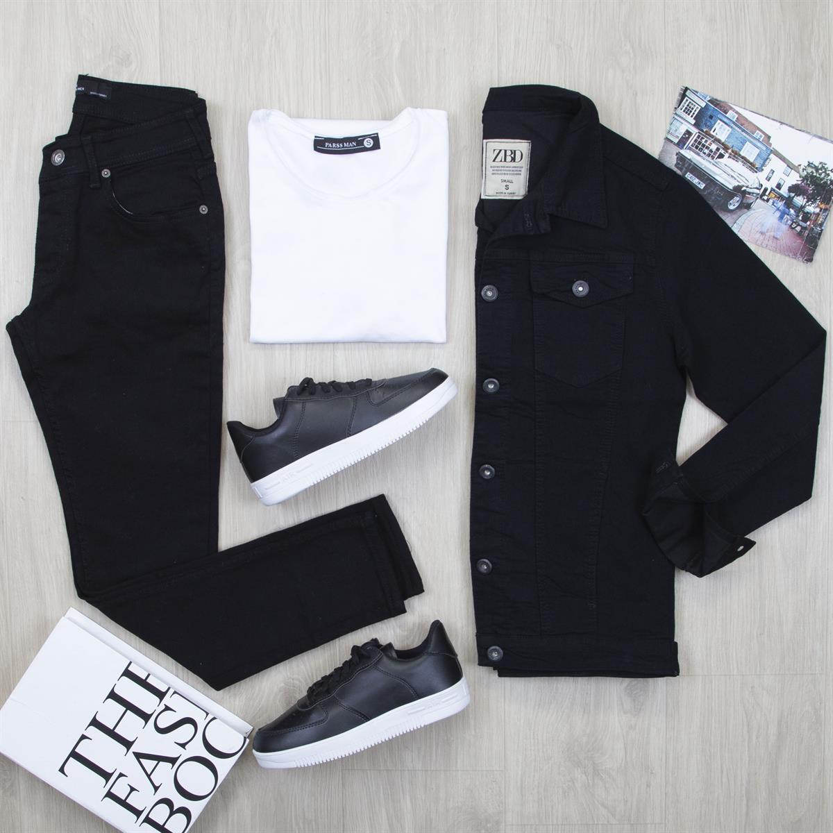 Siyah Kot Ceket Tişört Pantolon Ayakkabı Kombin