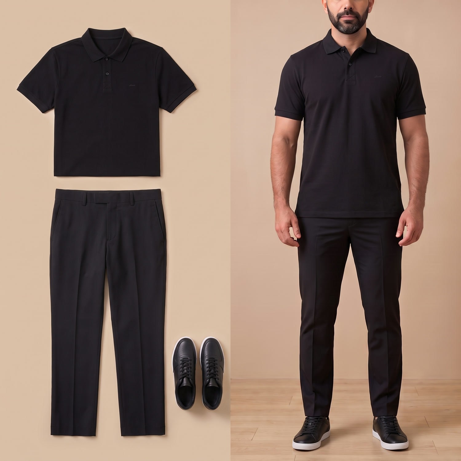 Siyah Polo Yaka Tişört Kombini Erkek | Slim Fit Şık Komple Set