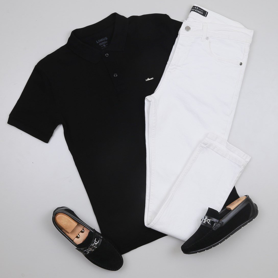 Siyah Polo Yaka Tişört Kot Pantolon Kombini Erkek | Slim Fit Şık Günlük Set