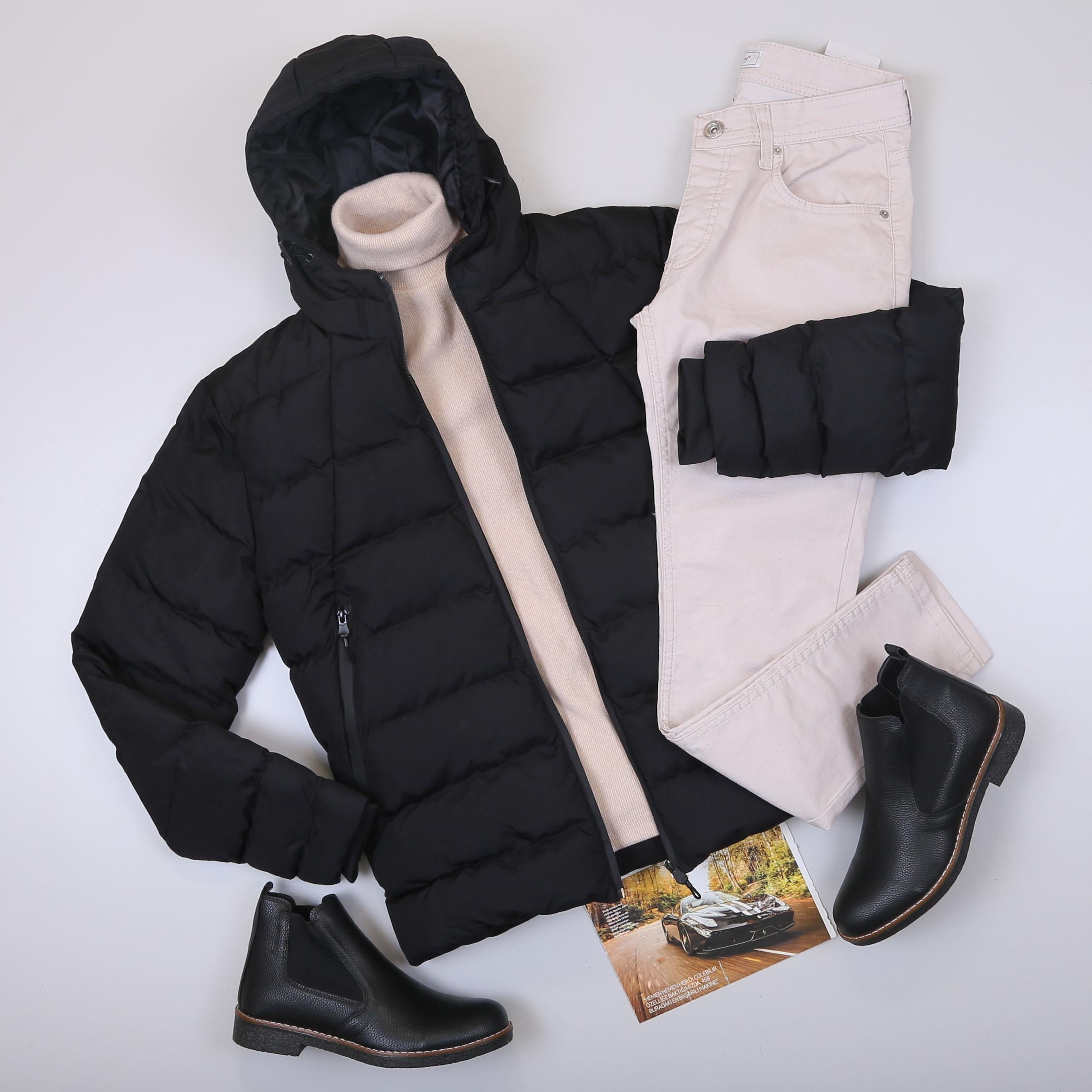 Siyah Şişme Mont Boğazlı Body Pantolon Bot Kombin