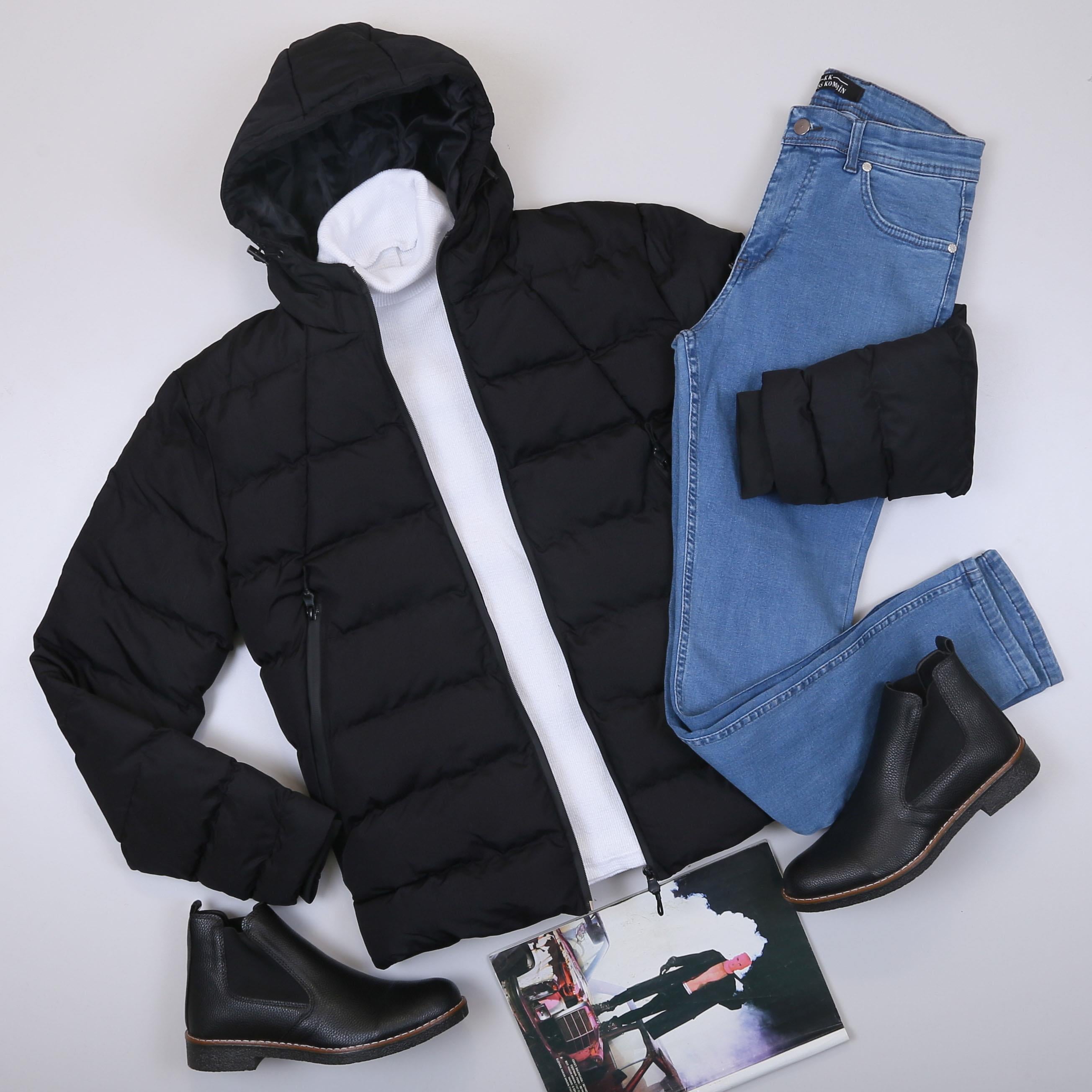 Siyah Şişme Mont Boğazlı Body Pantolon Bot Kombin