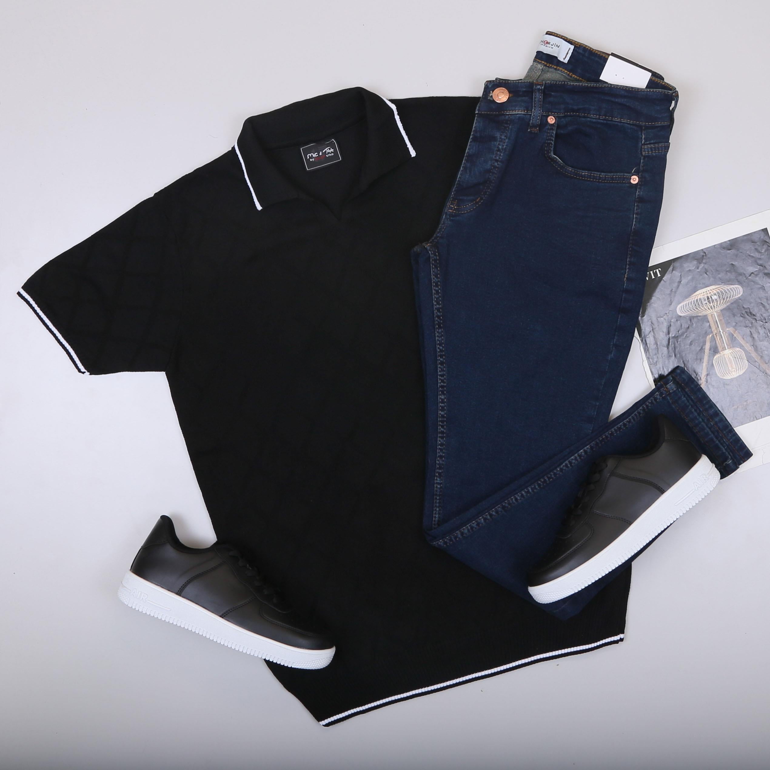 Siyah Triko Polo Yaka Tişört Pantolon Ayakkabı Kombin