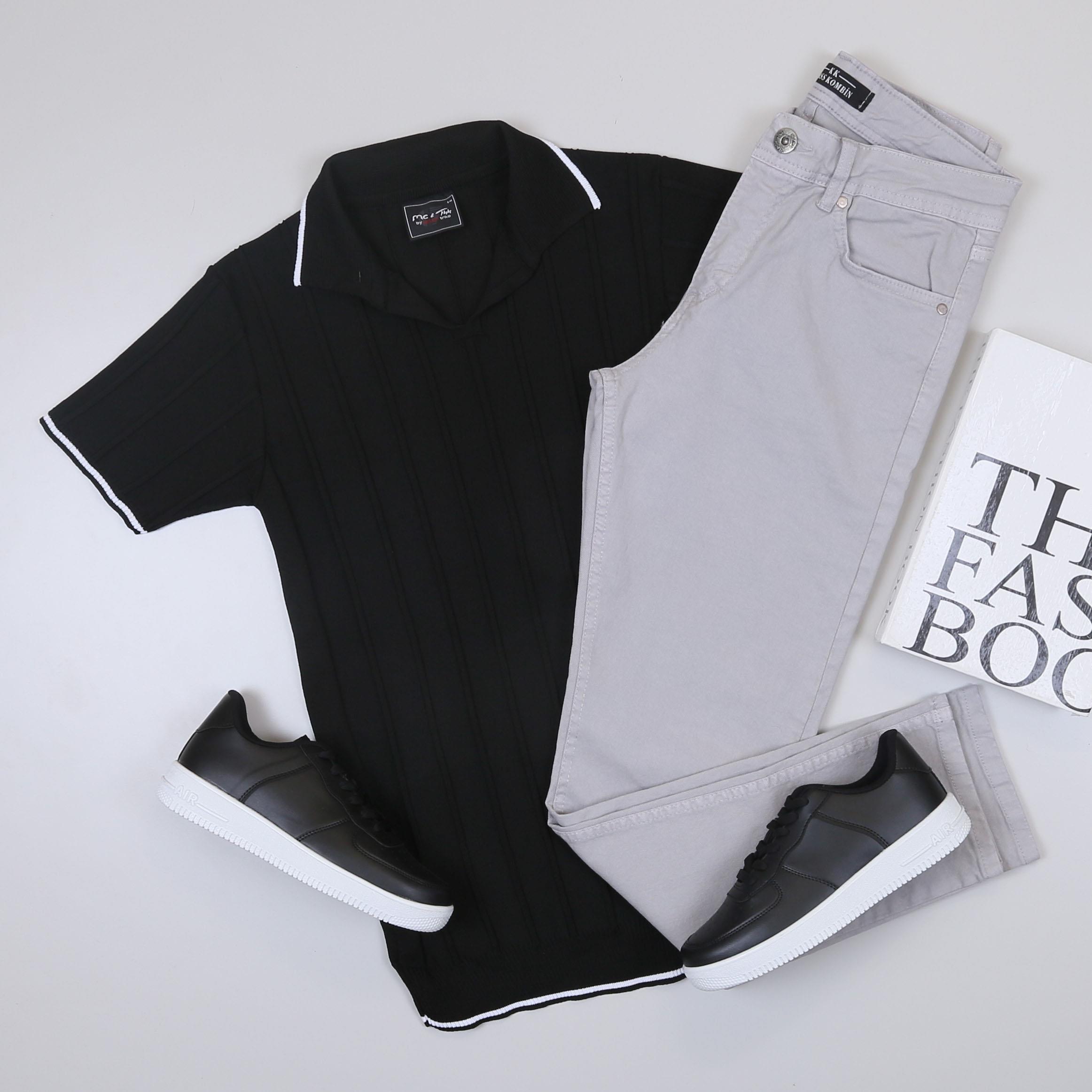 Siyah Triko Polo Yaka Tişört Pantolon Ayakkabı Kombin