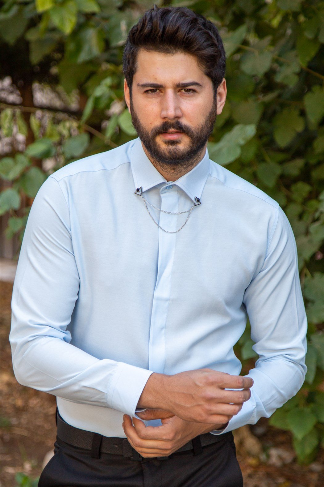 Slim fit gizli patlı mavi klasik gömlek