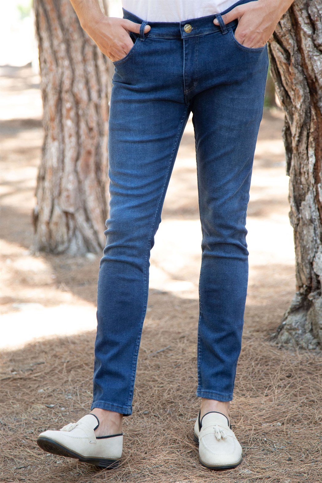 Slim fit likralı dar kesim paça lacivert kot pantolon