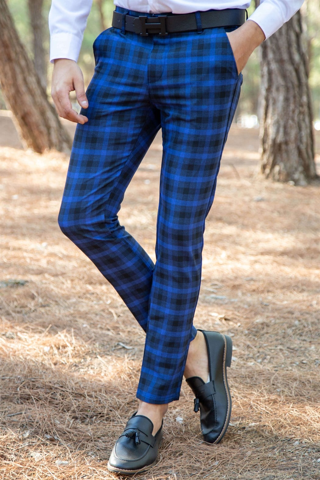 Slim fit likralı yan cep detaylı sax ekoseli kumaş pantolon