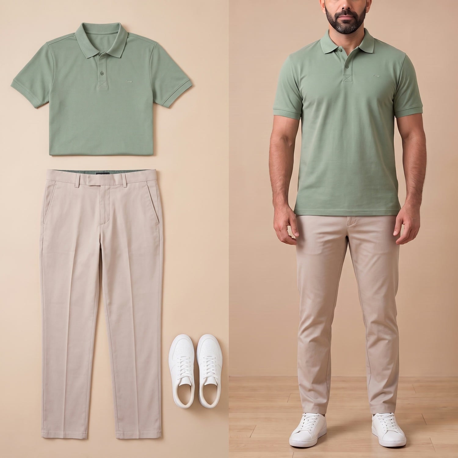 Su Yeşili Polo Yaka Tişört Kombini Erkek | Slim Fit Şık Komple Set