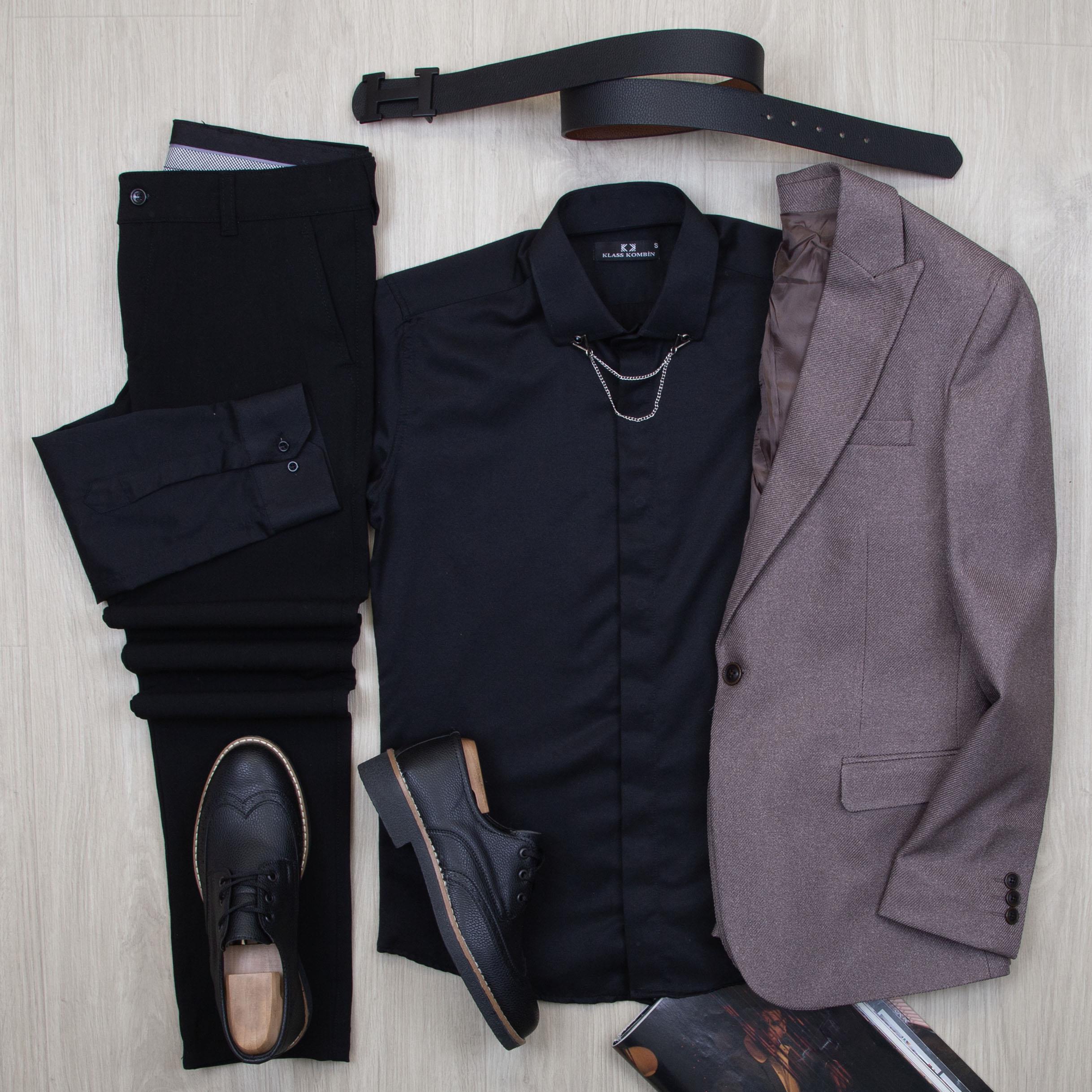 Sütlü Kahve Blazer Ceket Gömlek Pantolon Ayakkabı Kombin