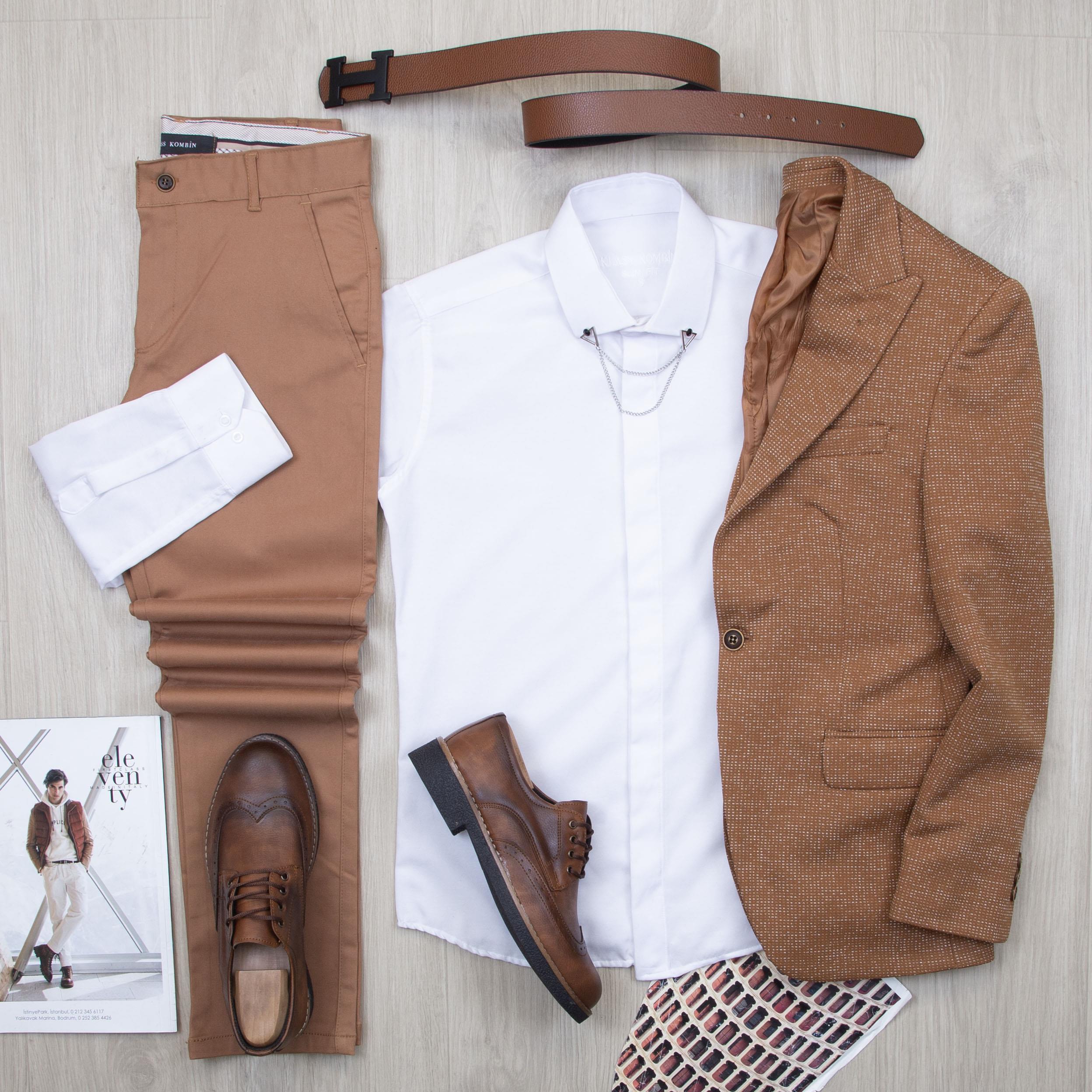 Taba Kırçıllı Blazer Ceket Gömlek Pantolon Ayakkabı Kombin