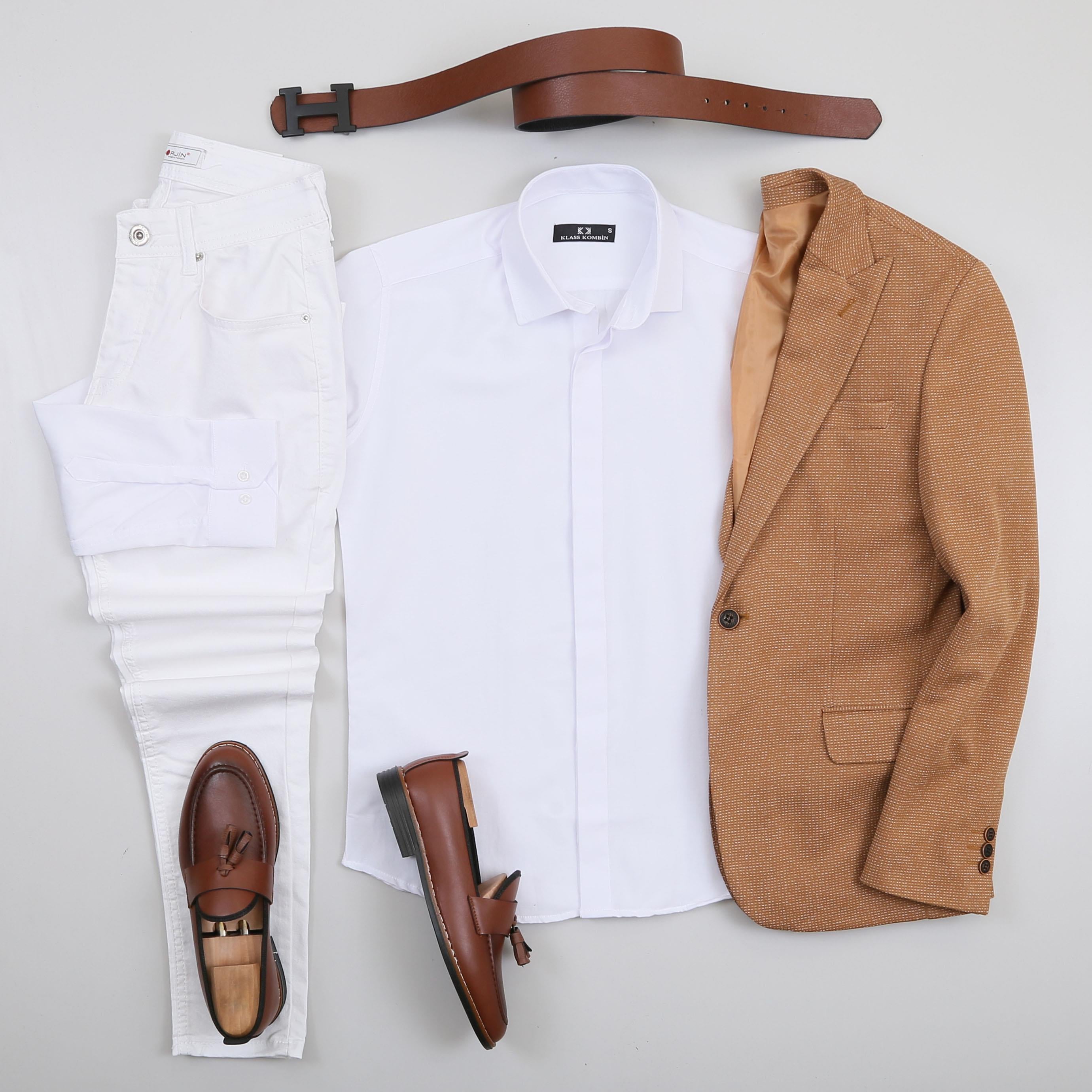 Taba Kırçıllı Blazer Ceket Gömlek Pantolon Ayakkabı Kombin