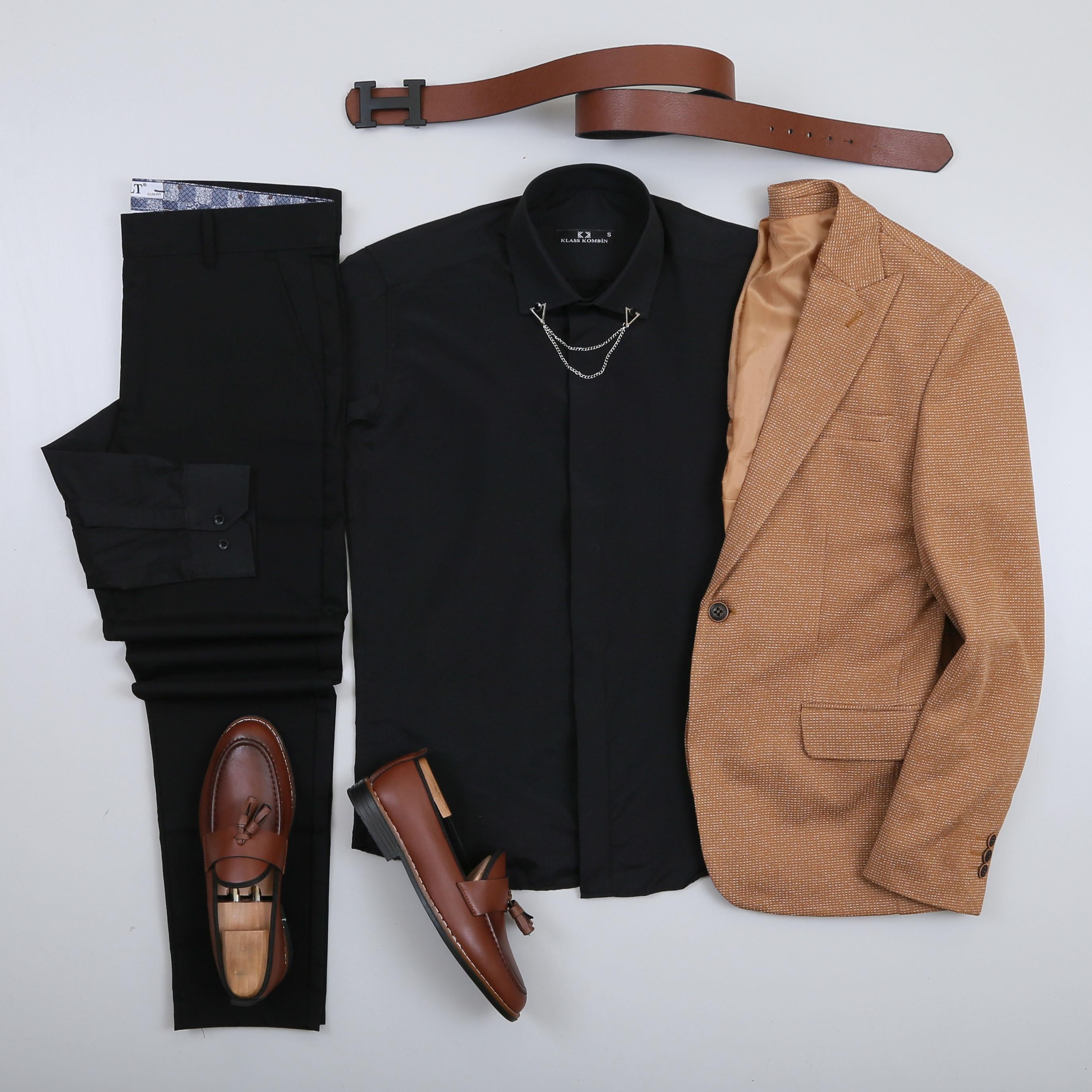 Taba Kırçıllı Blazer Ceket Gömlek Pantolon Ayakkabı Kombin