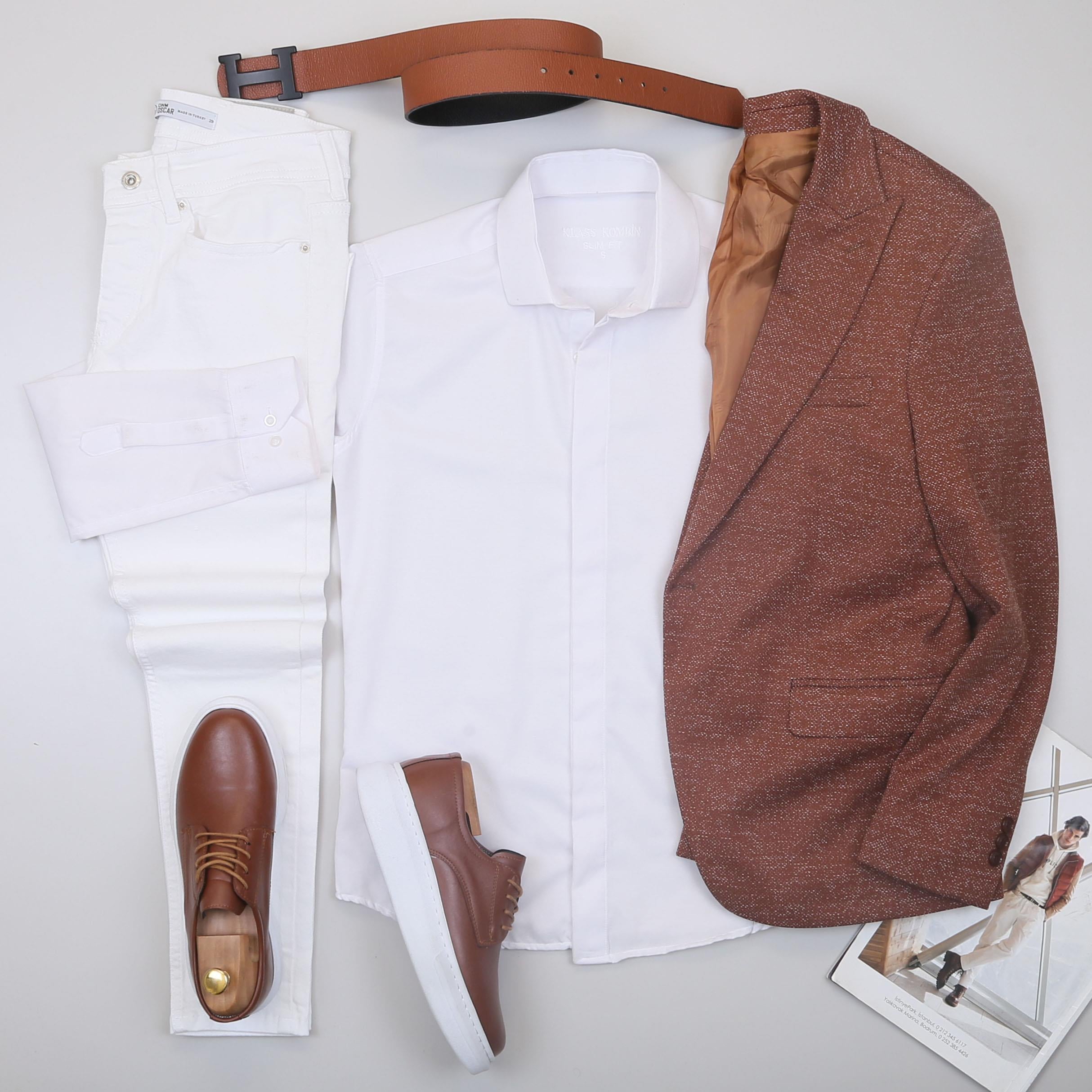 Taba Kırçıllı  Blazer Ceket Gömlek Pantolon Ayakkabı Kombin