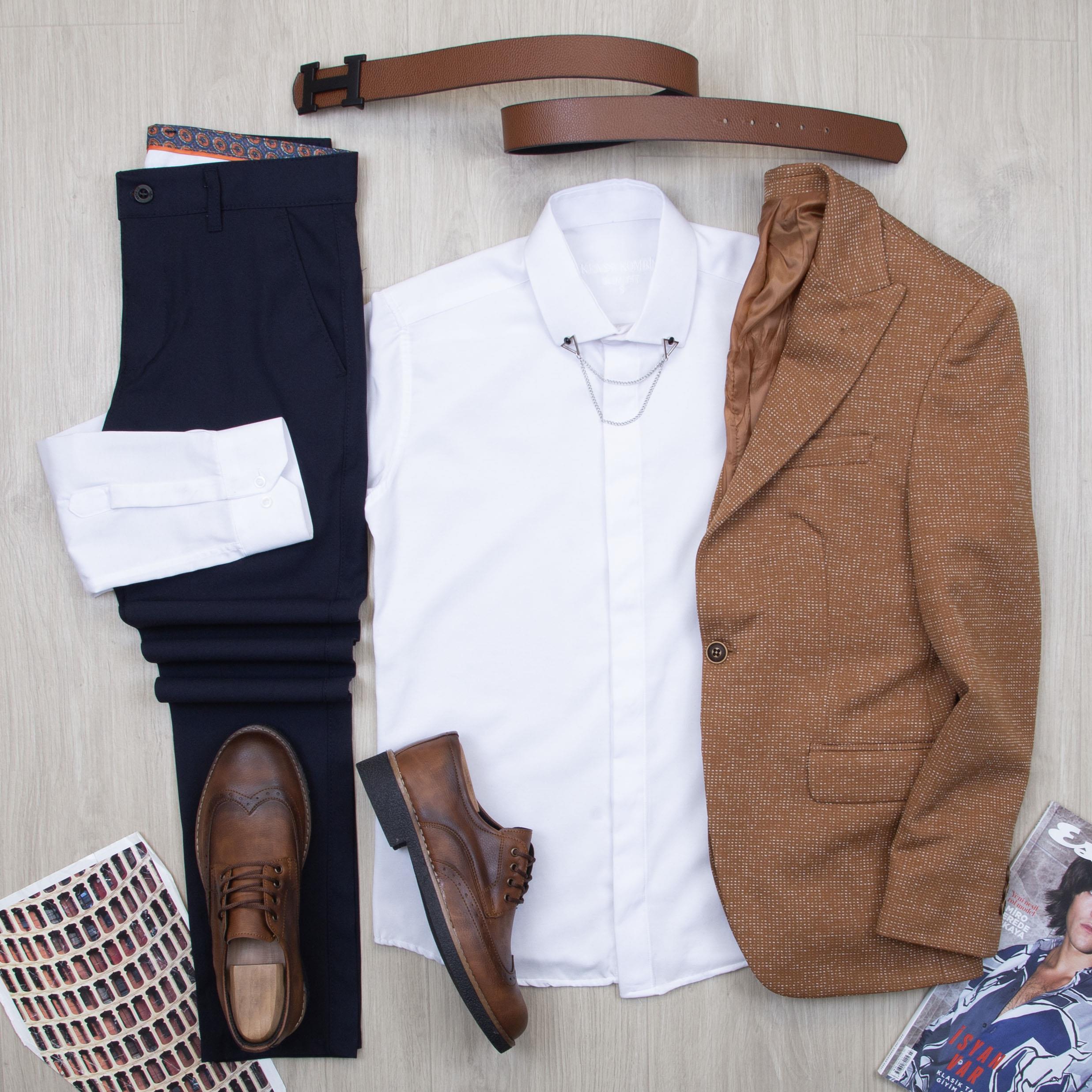 Taba Kırçıllı Blazer Ceket Gömlek Pantolon Ayakkabı Kombin