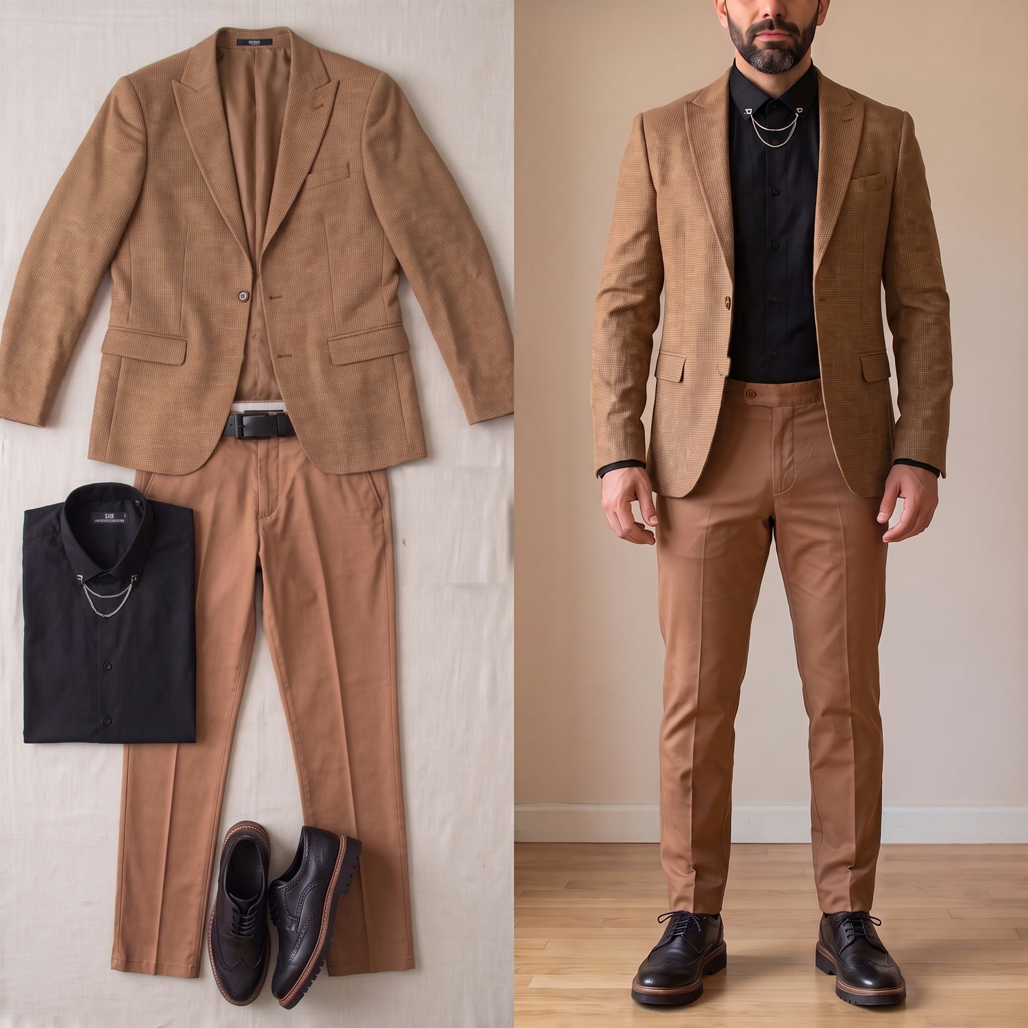 Taba Kırçıllı Blazer Ceket Kombini Erkek | Slim Fit Şık Komple Set 