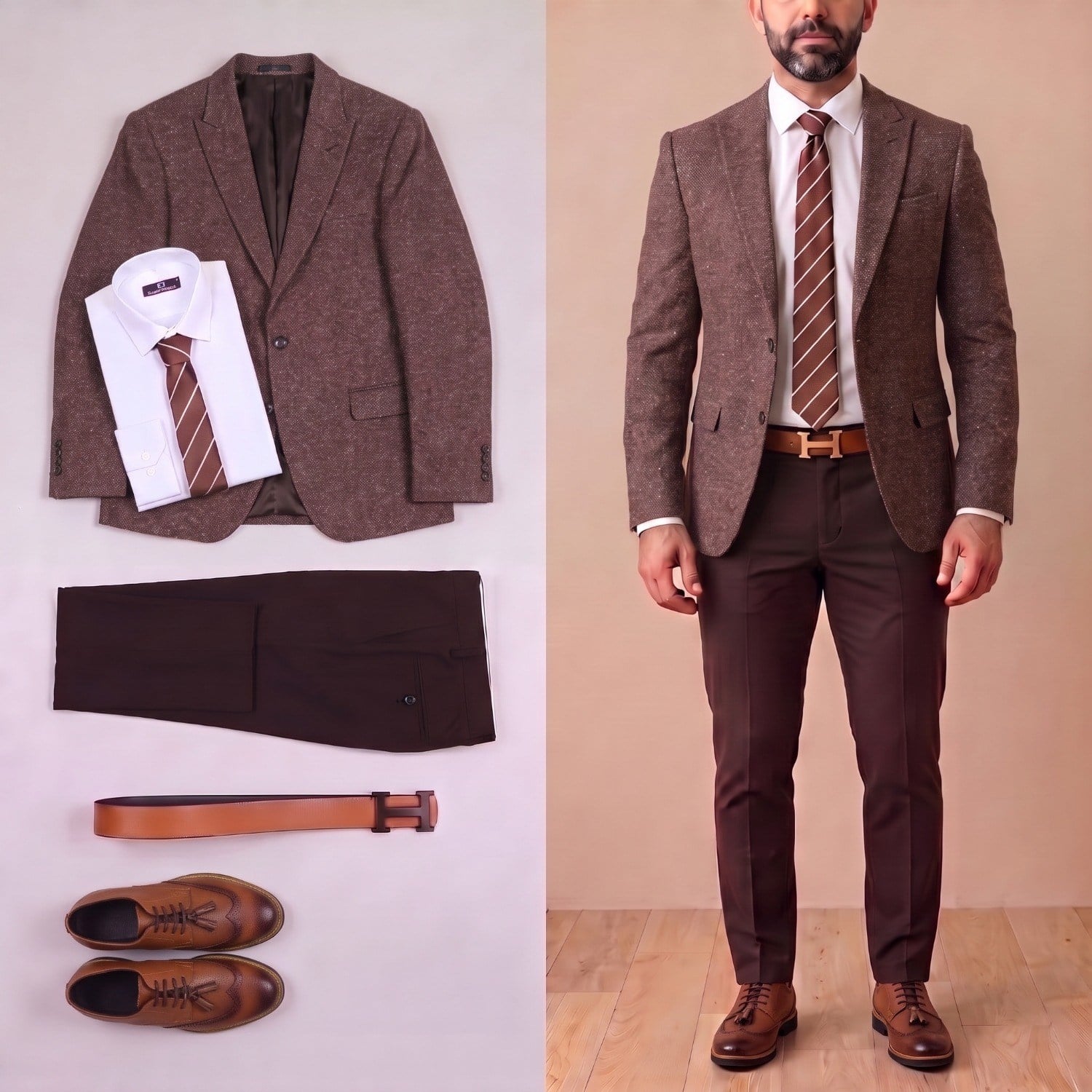 Taba Kırçıllı Blazer Ceket Kombini Erkek | Slim Fit Şık Komple Set