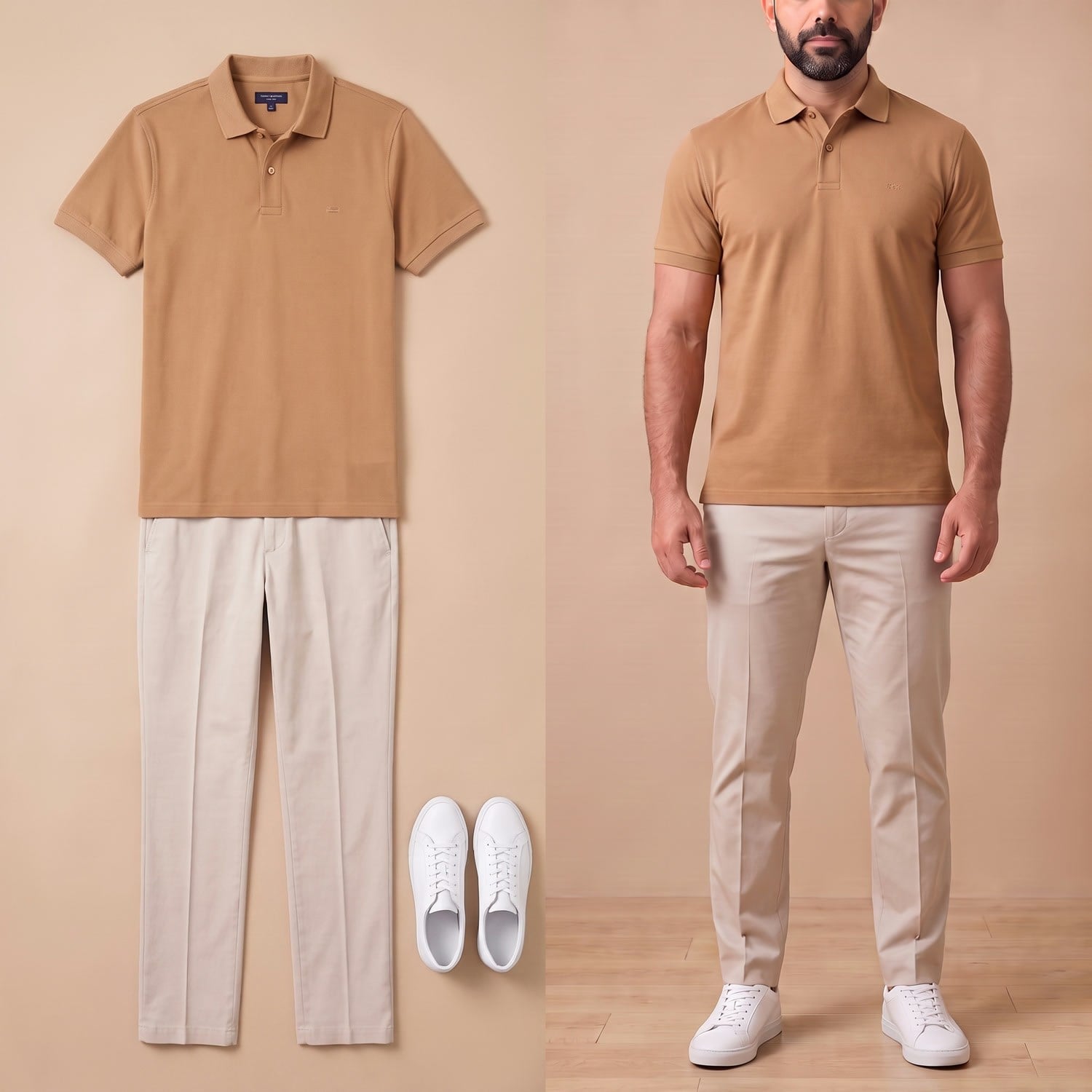 Taba Polo Yaka Tişört Kombini Erkek | Slim Fit Şık Komple Set 