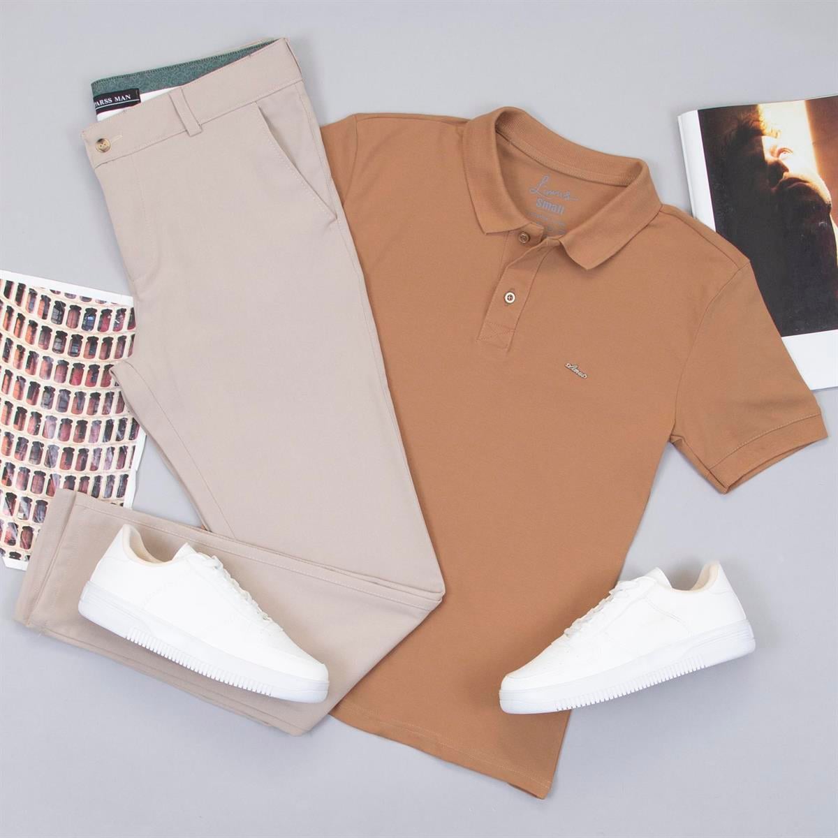 Taba Polo Yaka Tişört Pantolon Ayakkabı Kombin