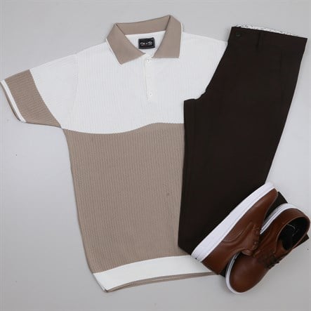 Bej Beyaz Triko Polo Yaka Tişört Pantolon Kombini Erkek | Slim Fit Şık Günlük Set