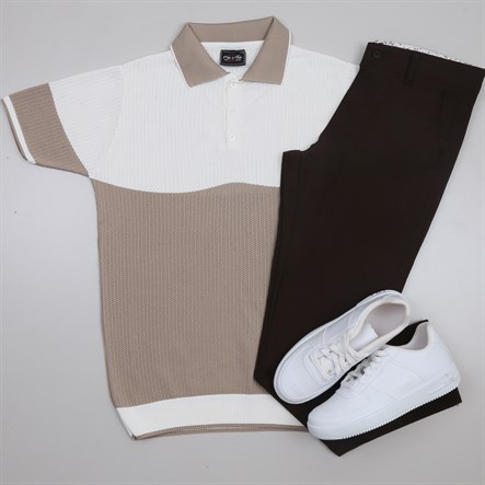 Bej Beyaz Triko Polo Yaka Tişört Pantolon Kombini Erkek | Slim Fit Şık Günlük Set