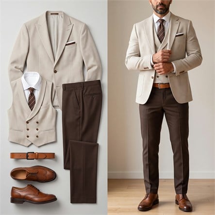 Bej Takım Elbise Kombini Erkek | Slim Fit Şık Komple Set 