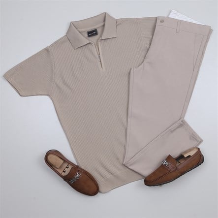 Bej Triko Polo Yaka Tişört Pantolon Kombini Erkek | Slim Fit Şık Günlük Set
