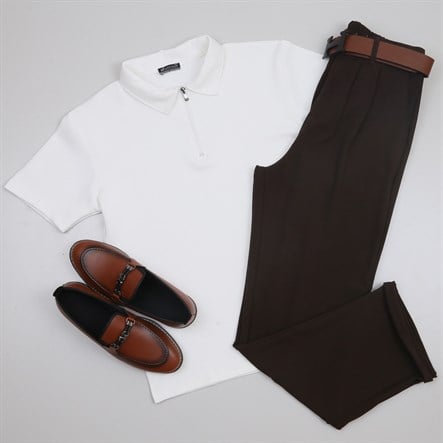 Beyaz Polo Yaka Tişört Kahve Baggy Kumaş  pantolon  ayakkabı Kombin