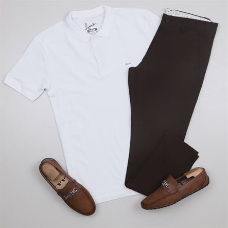 Beyaz Polo Yaka Tişört Kumaş Pantolon Kombini Erkek | Slim Fit Şık Günlük Set