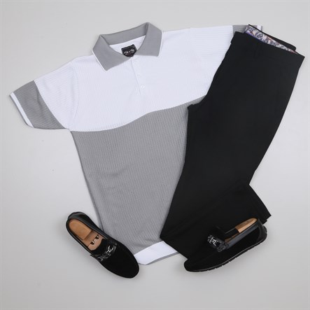 Gri Beyaz Triko Polo Yaka Tişört Pantolon Kombini Erkek | Slim Fit Şık Günlük Set