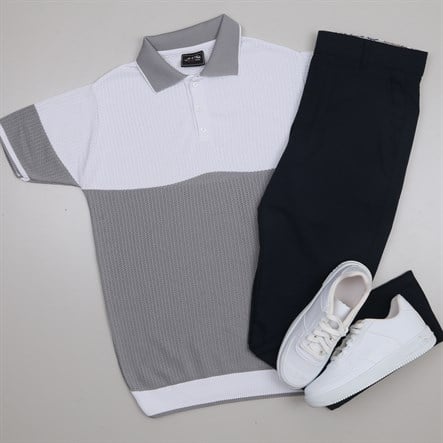Gri Beyaz Triko Polo Yaka Tişört Pantolon Kombini Erkek | Slim Fit Şık Günlük Set