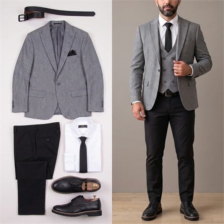 Gri Takım Elbise Kombini Erkek | Slim Fit Şık Komple Set 