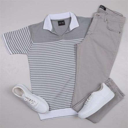 Gri Triko Polo Yaka Tişört Gri Pantolon Ayakkabı Kombin