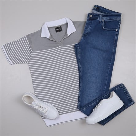 Gri Triko Polo Yaka Tişört Lacivert Pantolon Ayakkabı Kombin