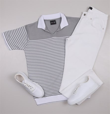 Gri Triko Polo Yaka Tişört Pantolon Ayakkabı Kombin