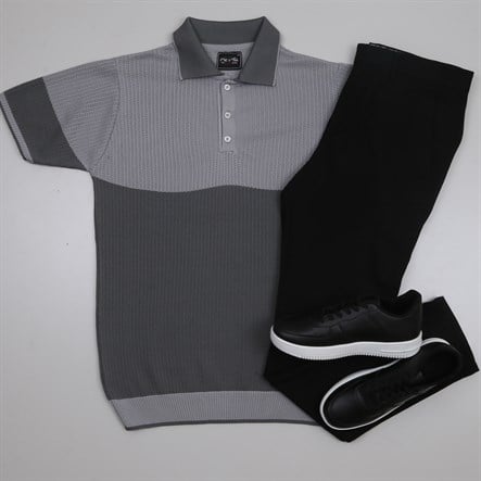 Gri Triko Polo Yaka Tişört Pantolon Kombini Erkek | Slim Fit Şık Günlük Set