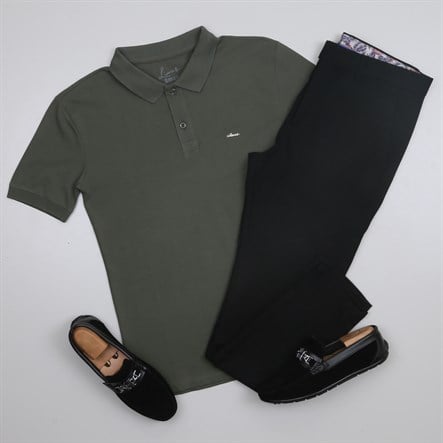 Haki Polo Yaka Tişört Kumaş Pantolon Kombini Erkek | Slim Fit Şık Günlük Set