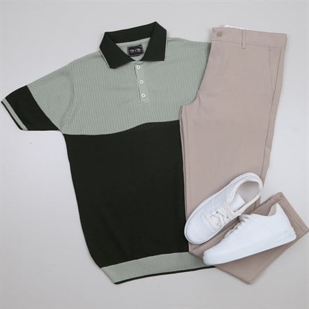 Haki Triko Polo Yaka Tişört Pantolon Kombini Erkek | Slim Fit Şık Günlük Set