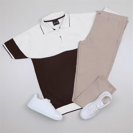Kahve Beyaz Triko Polo Yaka Tişört Pantolon Kombini Erkek | Slim Fit Şık Günlük Set