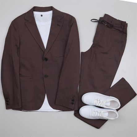 Kahve KetenTakım Elbise Kombini Erkek | Slim Fit Şık Günlük Set 