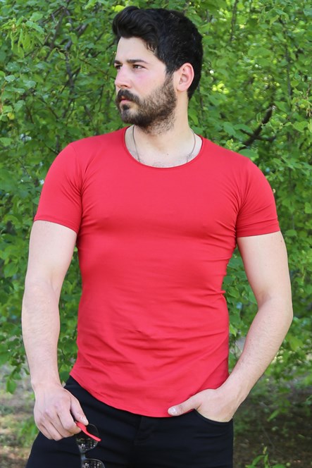 Kırmızı Oval Kesim Basic Tshirt
