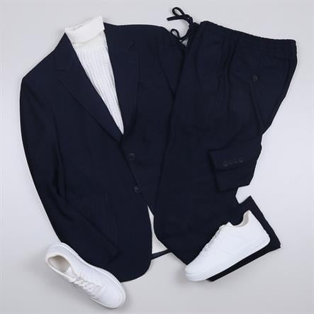 Lacivert Örgü Desenli Spor Takım Elbise Kombini